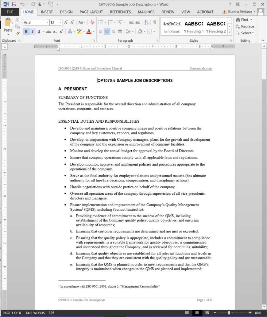 Job Descriptions Iso Template | Qp1070 5 Pertaining To Job Descriptions Template Word
