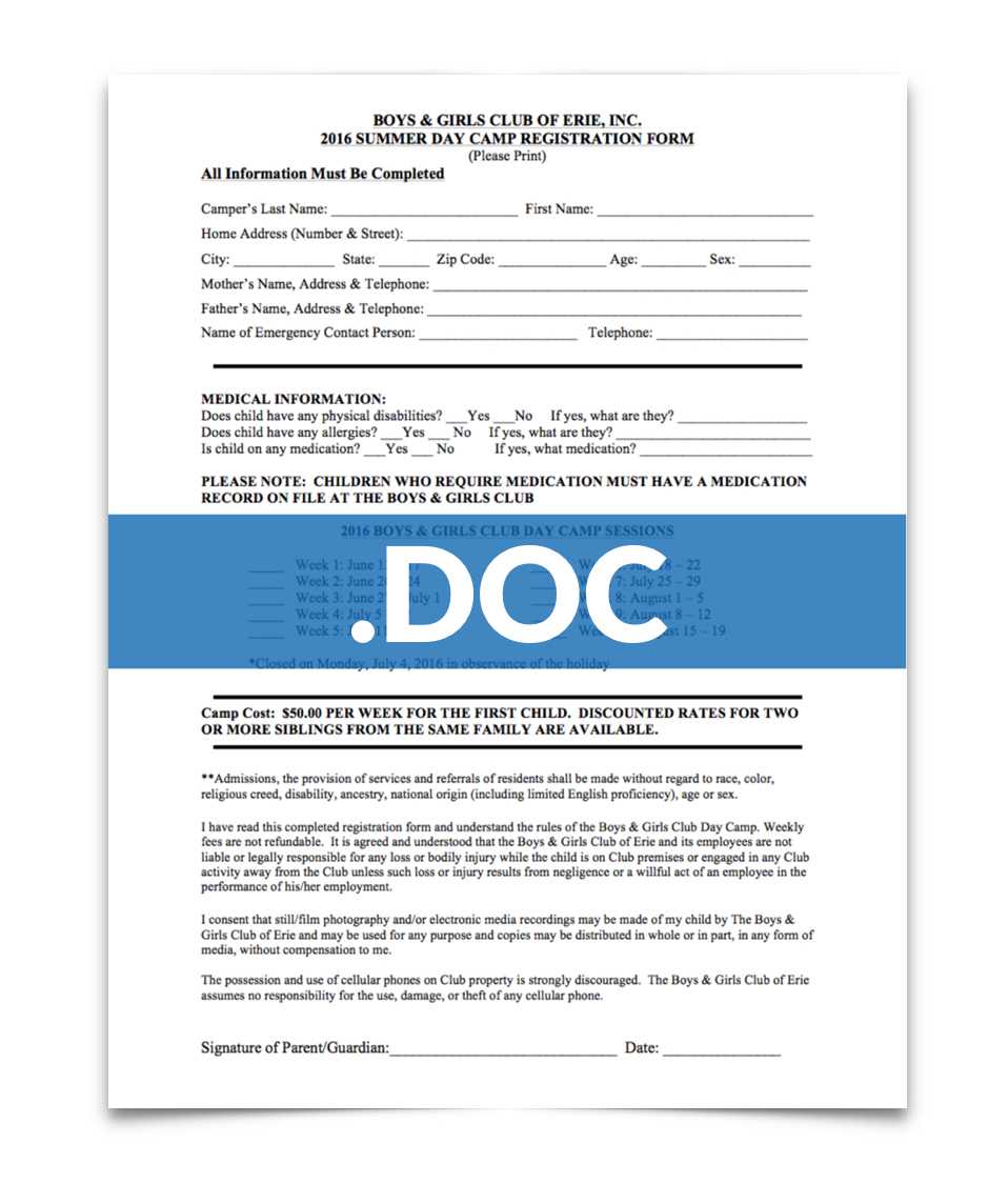 Join The Club — Boys & Girls Club Of Erie Intended For Camp Registration Form Template Word