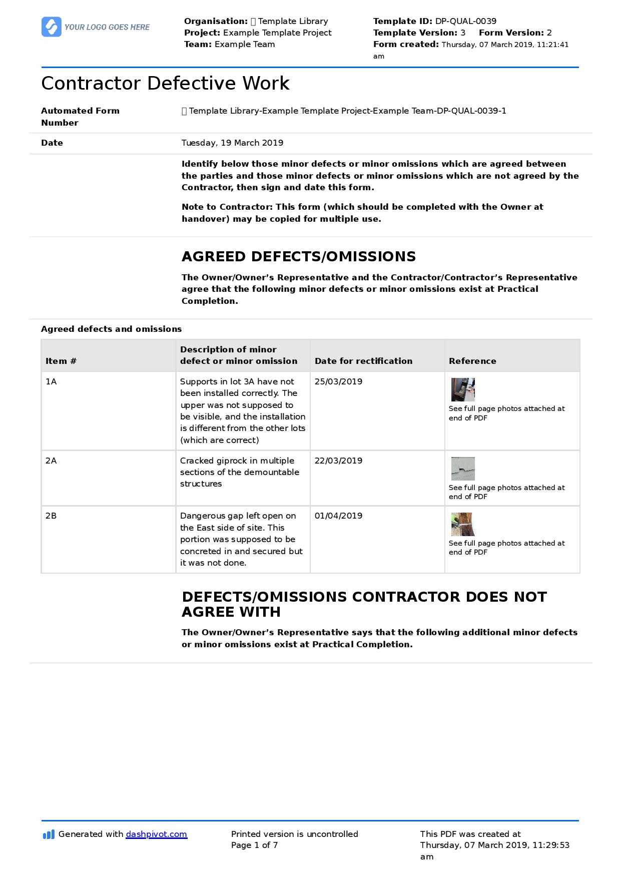 Letter To Contractor For Defective Work: Sample Letter And With Regard To Construction Deficiency Report Template