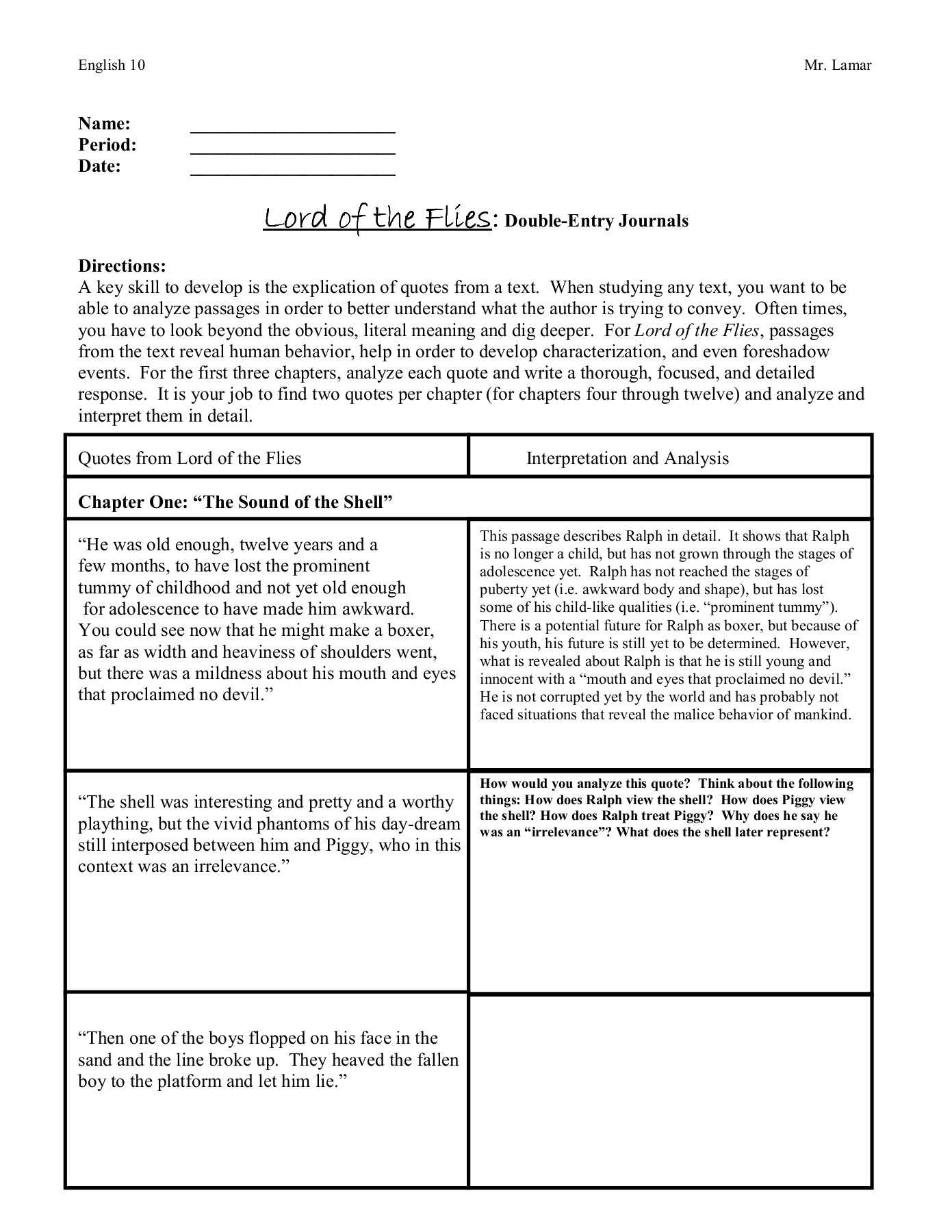 Lord Of The Flies:::: Double Entry Journals Pages 1 – 10 For Double Entry Journal Template For Word