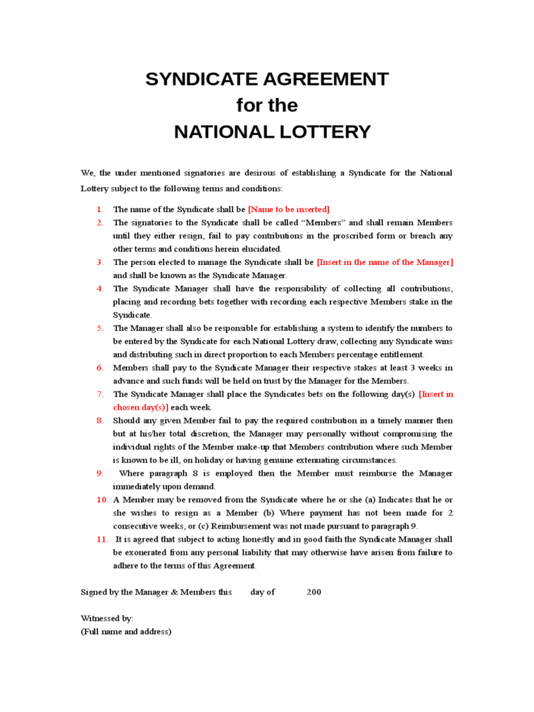 Lottery Syndicate Agreement Template Word