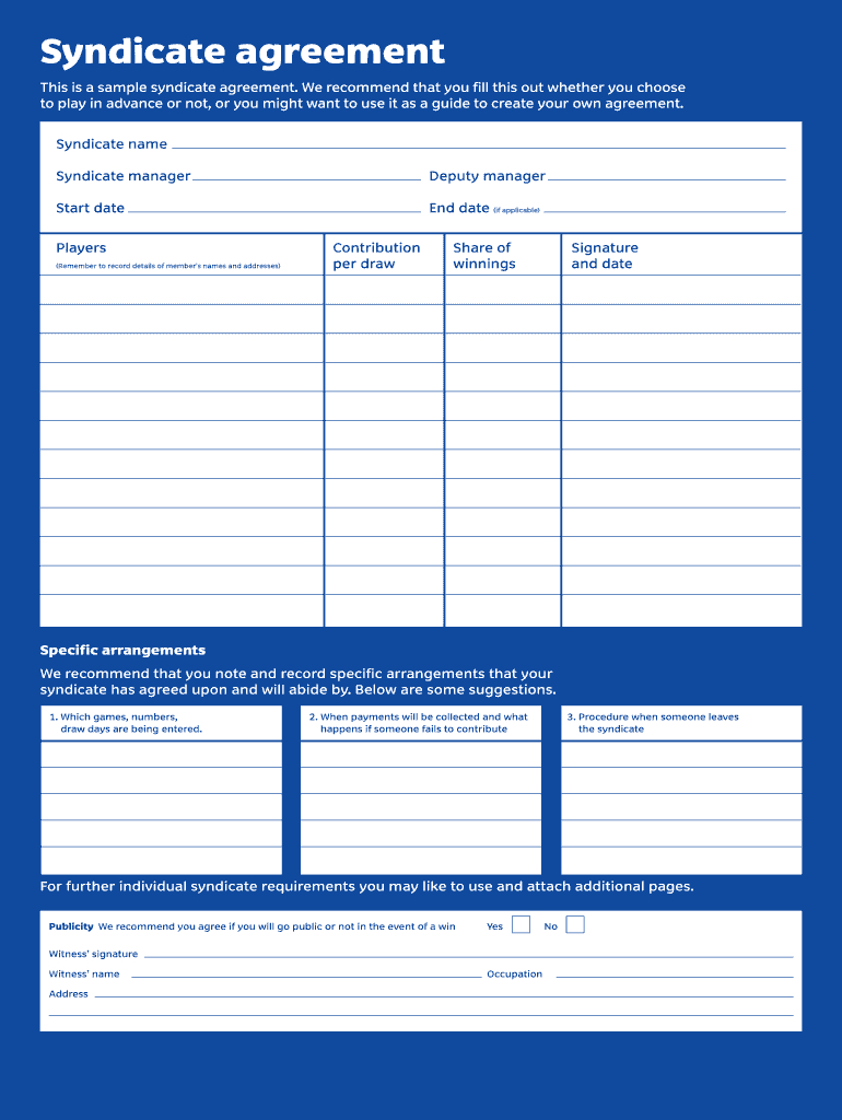 Lottery Syndicate Form - Fill Online, Printable, Fillable With Lottery Syndicate Agreement Template Word