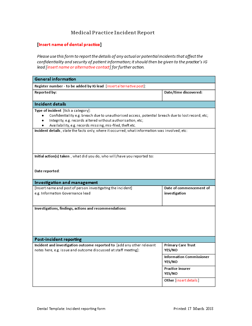 Medical Practice Incident Report | Templates At Inside Medical Report Template Doc