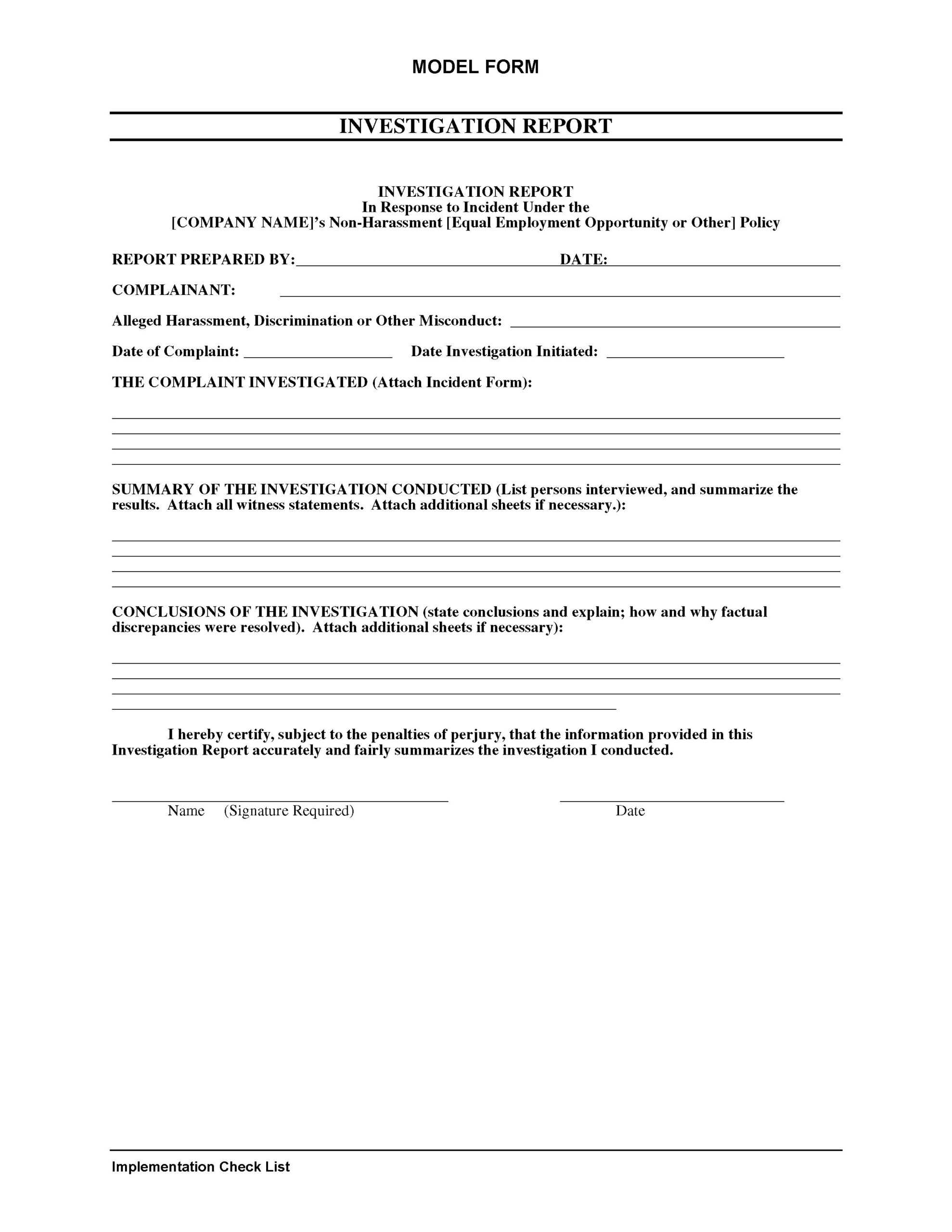 Model Form: Investigation Report (Non Harassment Intended For Sexual Harassment Investigation Report Template