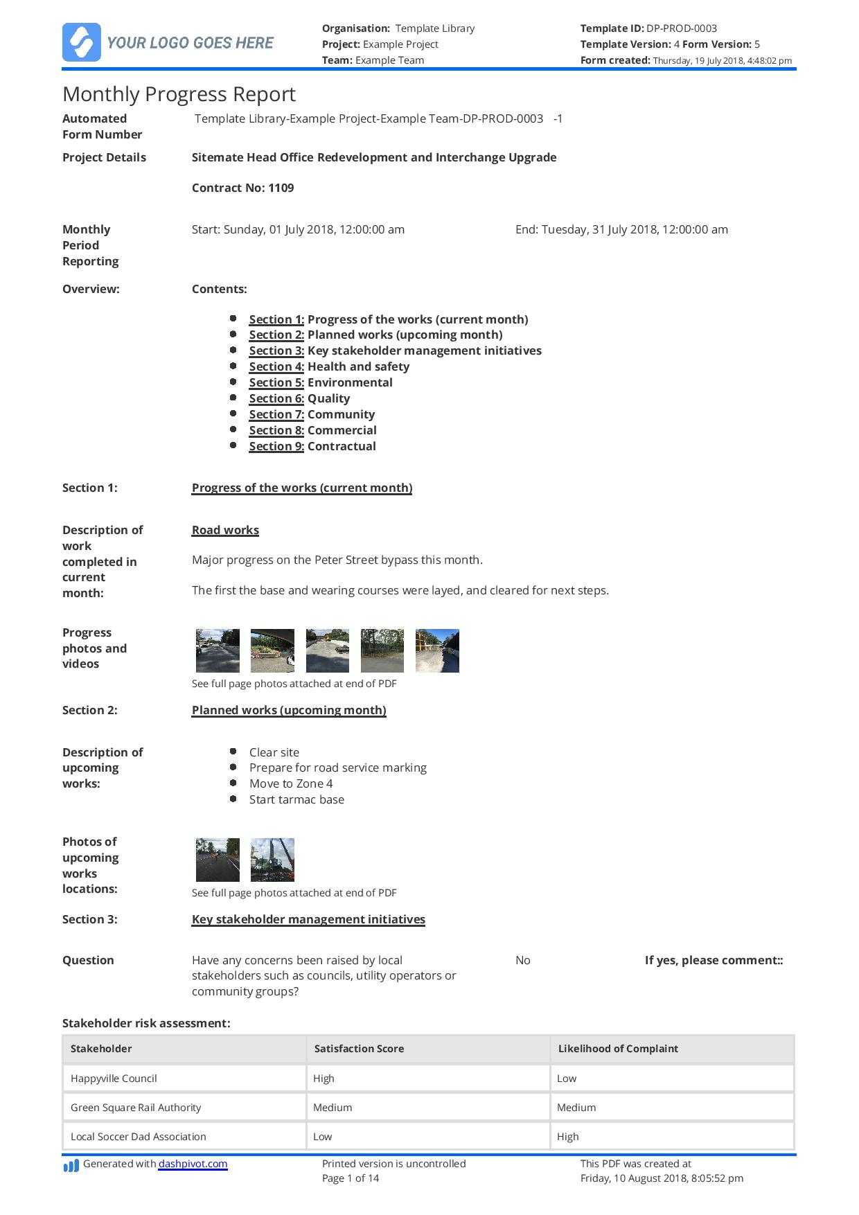 Monthly Construction Progress Report Template: Use This In Monthly Status Report Template