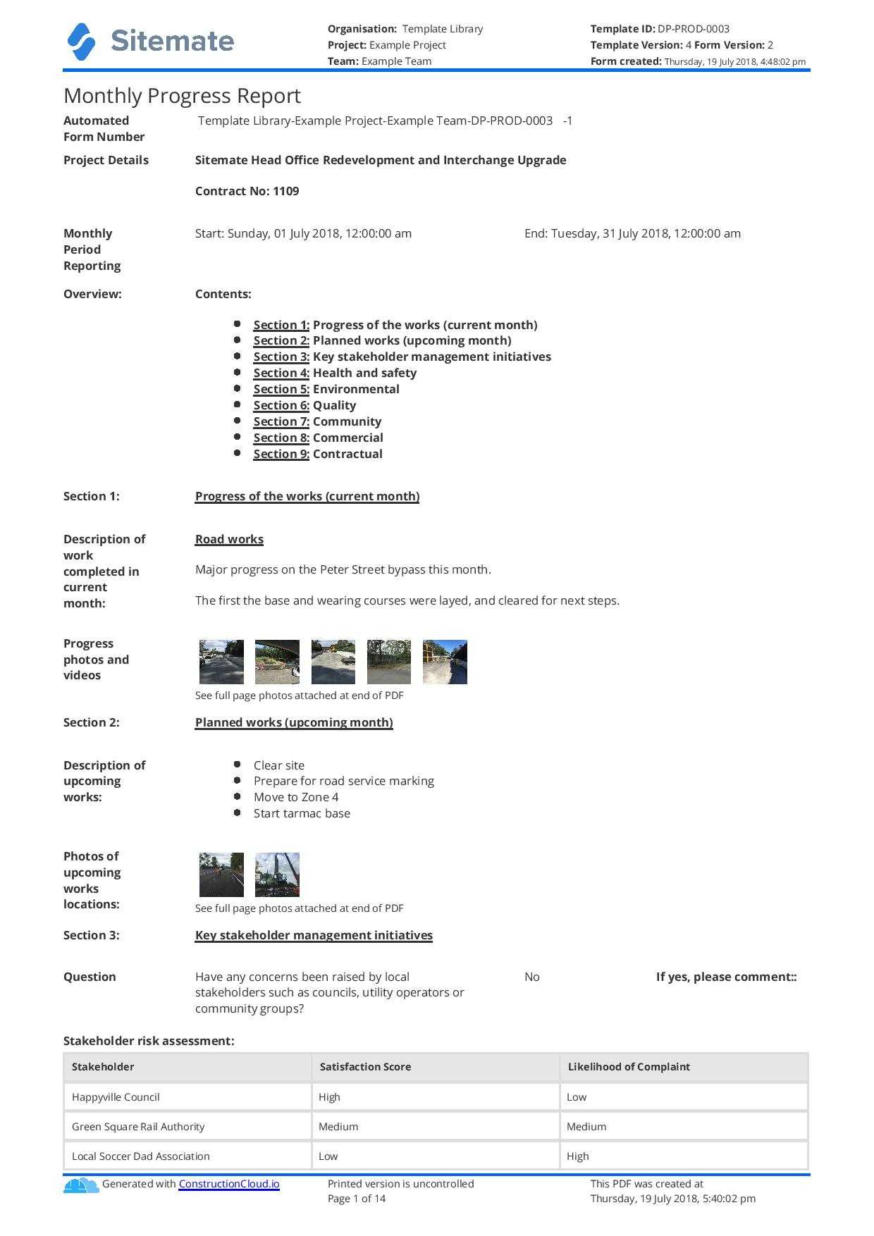 Monthly Construction Progress Report Template: Use This Inside Report Content Page Template