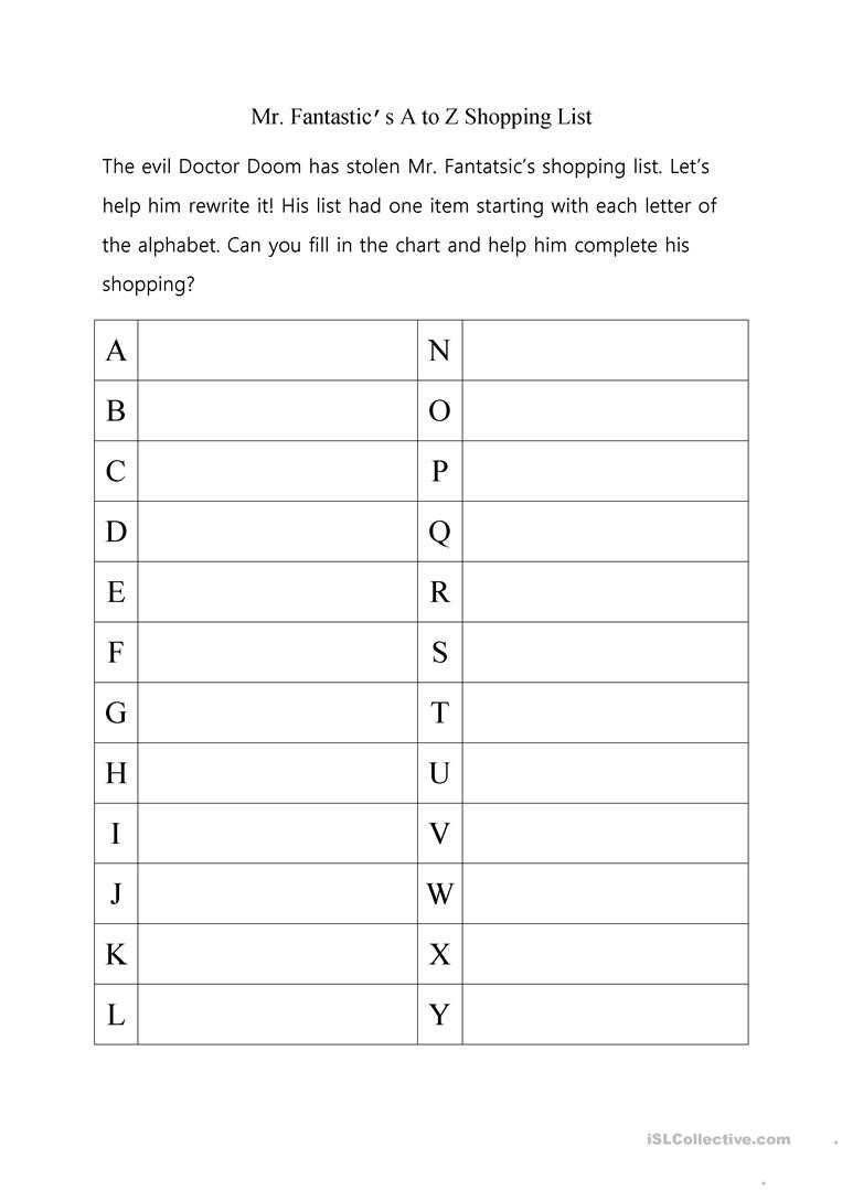 Mr. Fantastic's A To Z Shopping List – English Esl For Vocabulary Words Worksheet Template