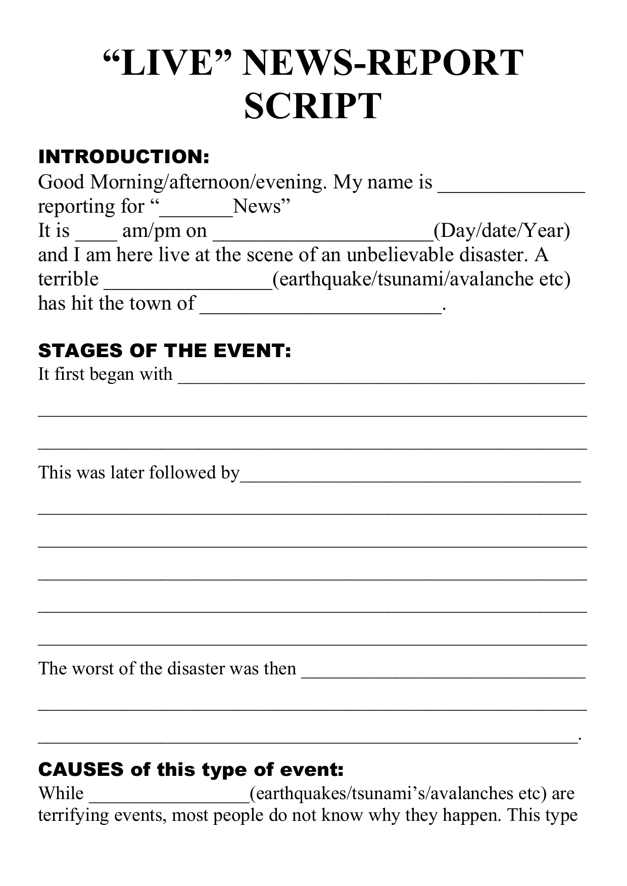 Natural Disaster - Live Newsreport Script Template With News Report Template