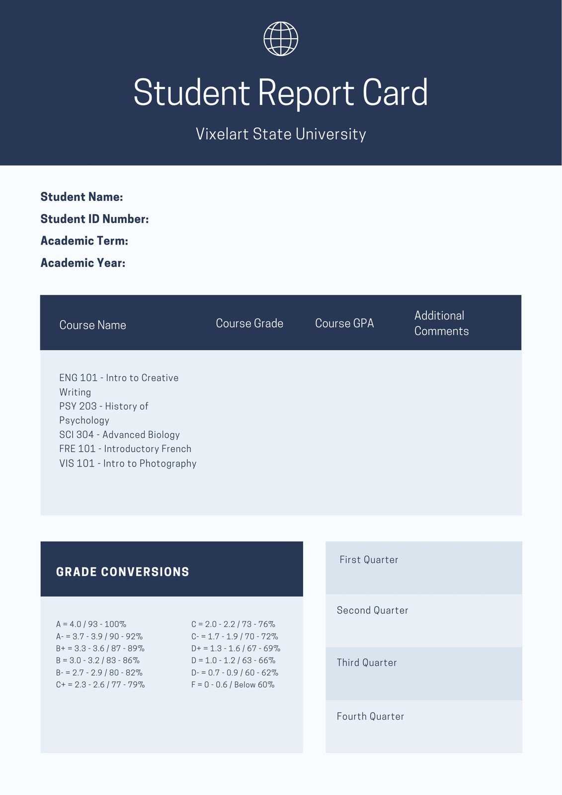 Navy Blue College Report Card – Templatescanva With College Report Card Template