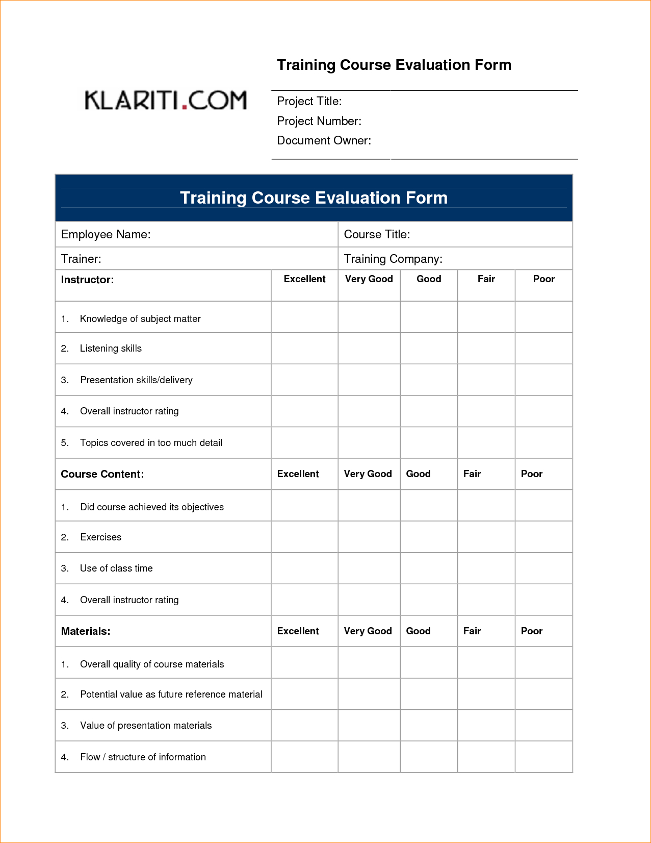 Nice Feedback Form Template For Training Evaluation Regarding Blank Evaluation Form Template