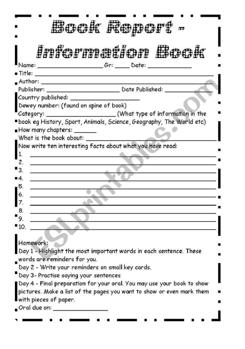 Non Fiction Book Report And Oral Presentation - Esl Pertaining To Nonfiction Book Report Template