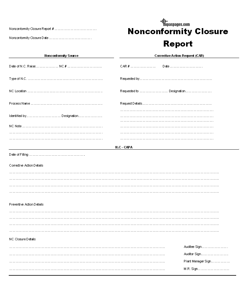 Nonconformity Closure Report Format Within Closure Report Template