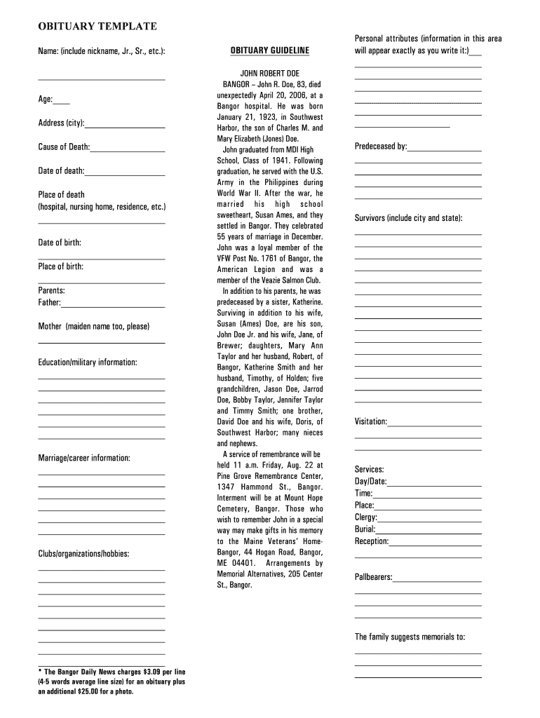 Obituary Template – Fill Online, Printable, Fillable, Blank Within Fill In The Blank Obituary Template