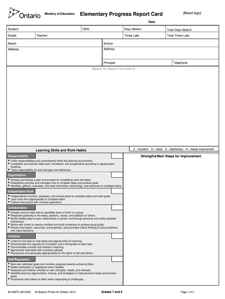 Ontario Report Card Template – Fill Online, Printable For School Progress Report Template