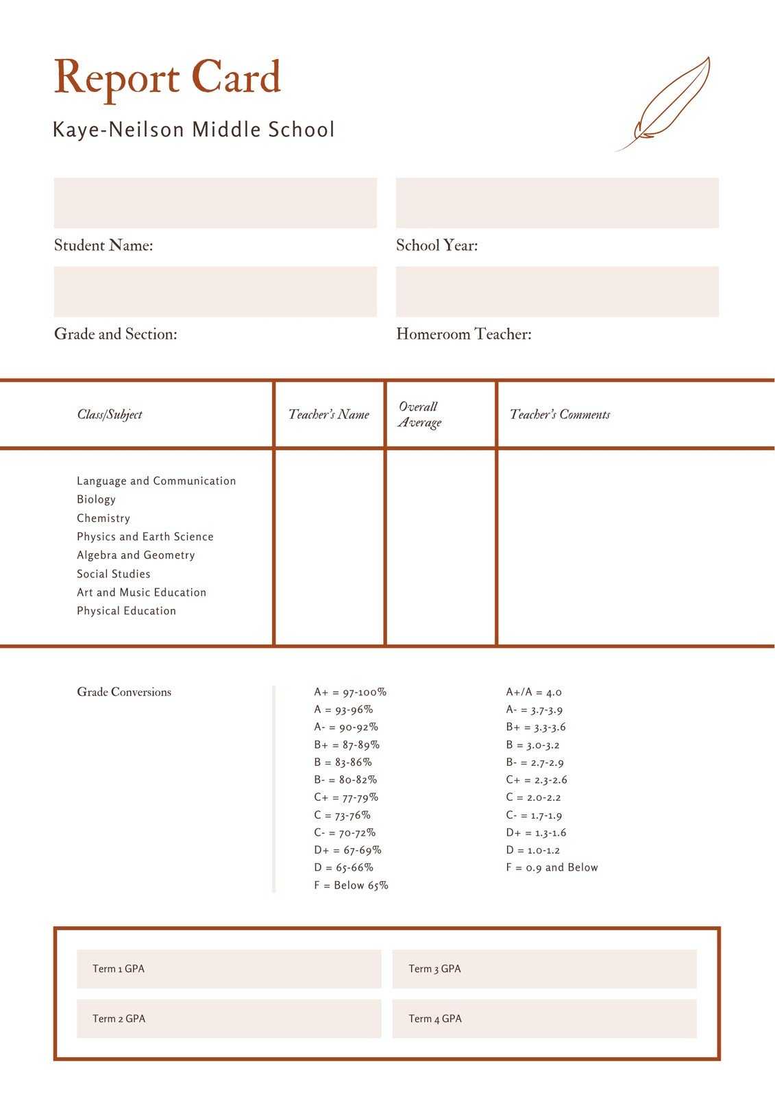 Orange And White Paper And Quill Middle School Report Card In Report Card Template Middle School