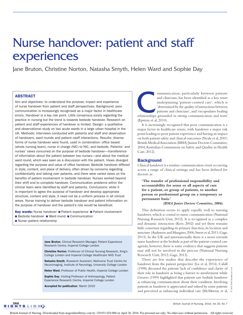 Pdf) Nurse Handover: Patient And Staff Experiences With Charge Nurse Report Sheet Template
