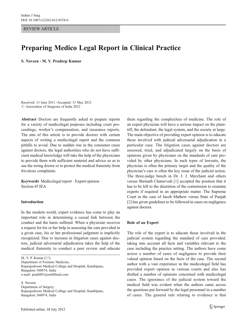 Pdf) Preparing Medico Legal Report In Clinical Practice Pertaining To Medical Legal Report Template