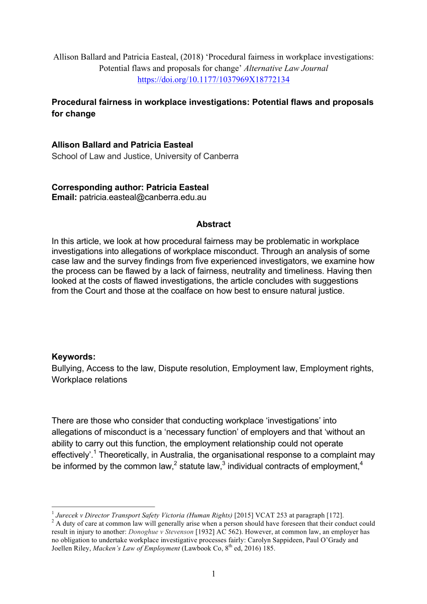 Pdf) Procedural Fairness In Workplace Investigations In Investigation Report Template Disciplinary Hearing