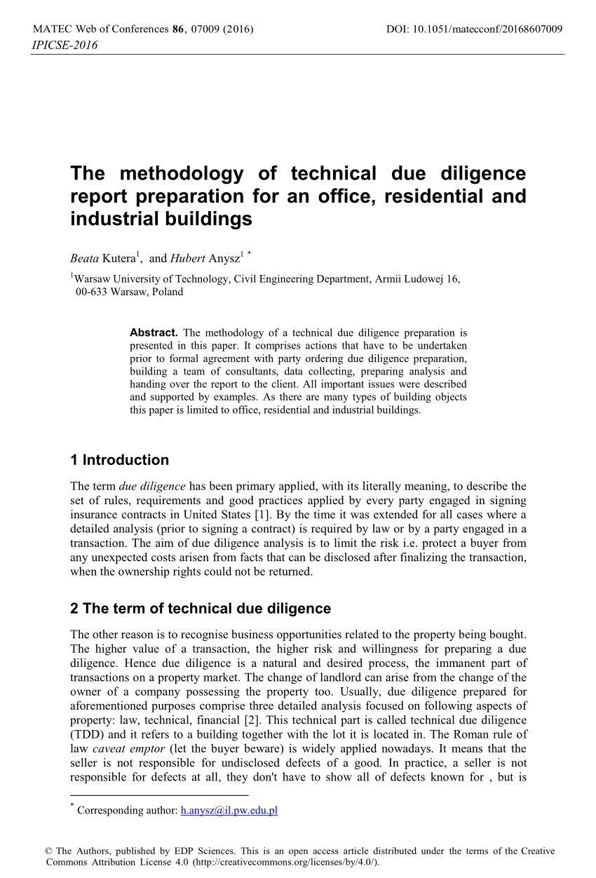 Pdf) The Methodology Of Technical Due Diligence Report Intended For Vendor Due Diligence Report Template