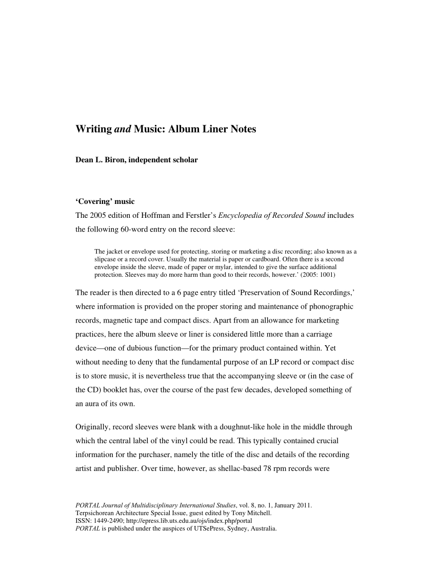 Pdf) Writing And Music: Album Liner Notes Regarding Cd Liner Notes Template Word