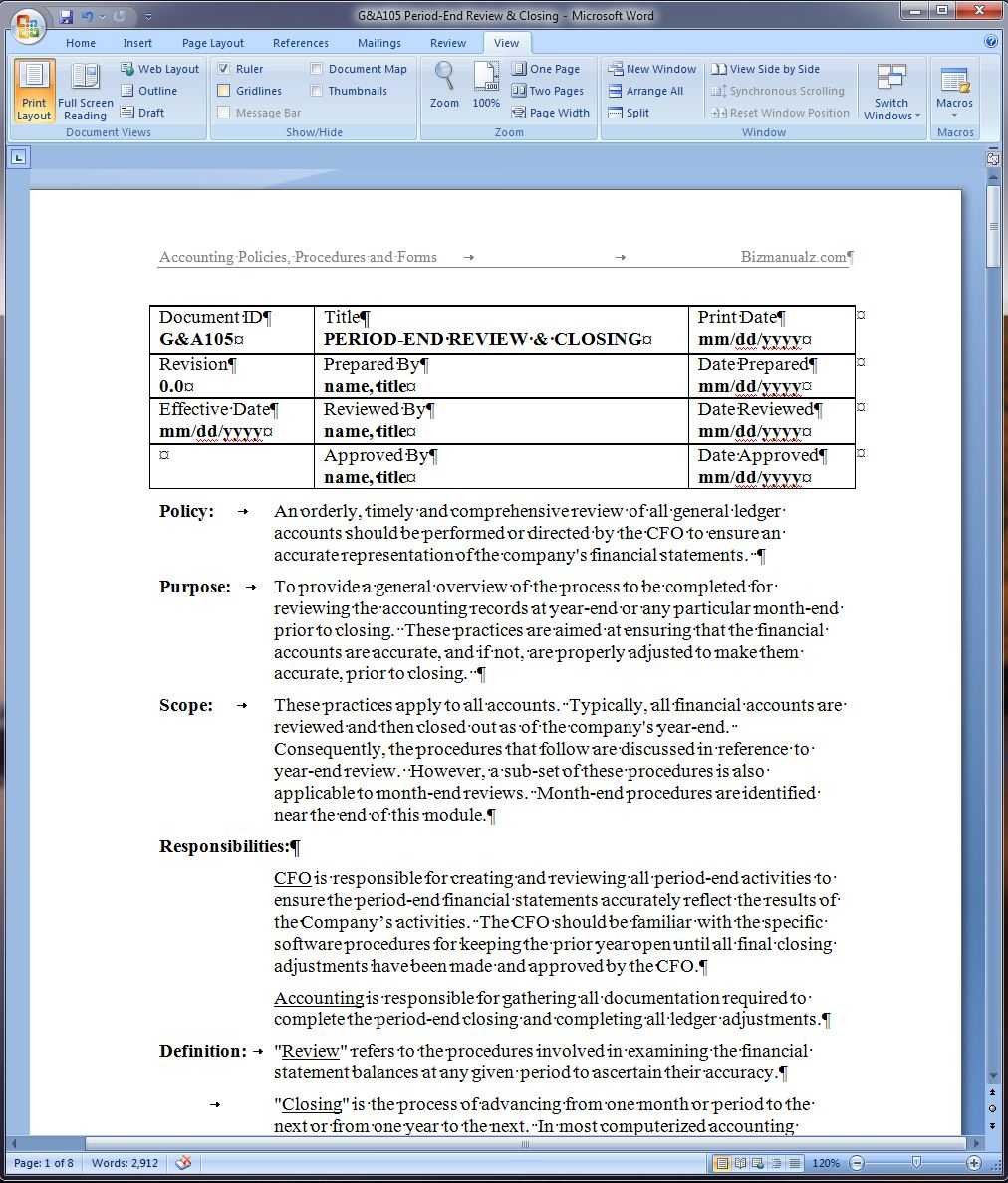 Period End Review And Closing Policy And Procedure Word Template Within Procedure Manual Template Word Free