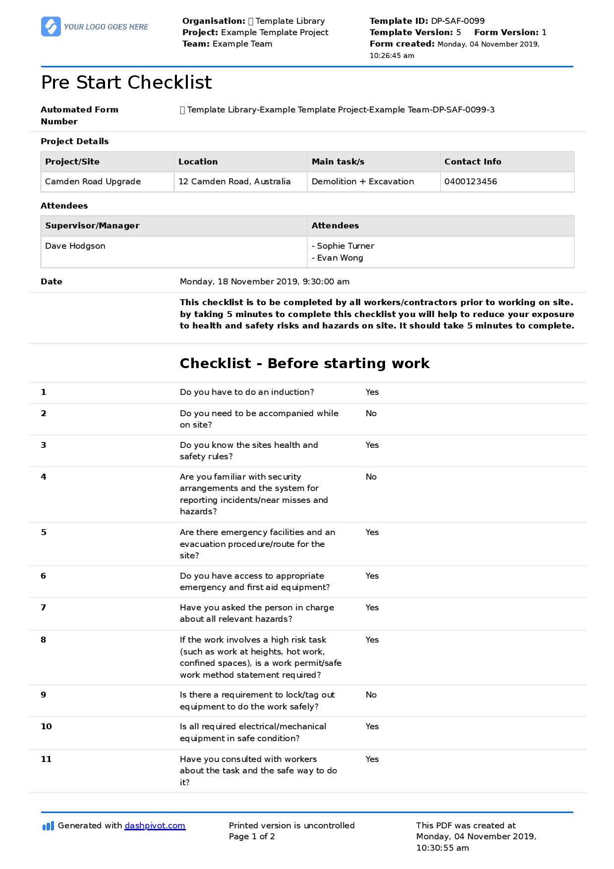 Pre Start Checklist Template (Free & Editable For Any Pre Start) Pertaining To Ohs Incident Report Template Free
