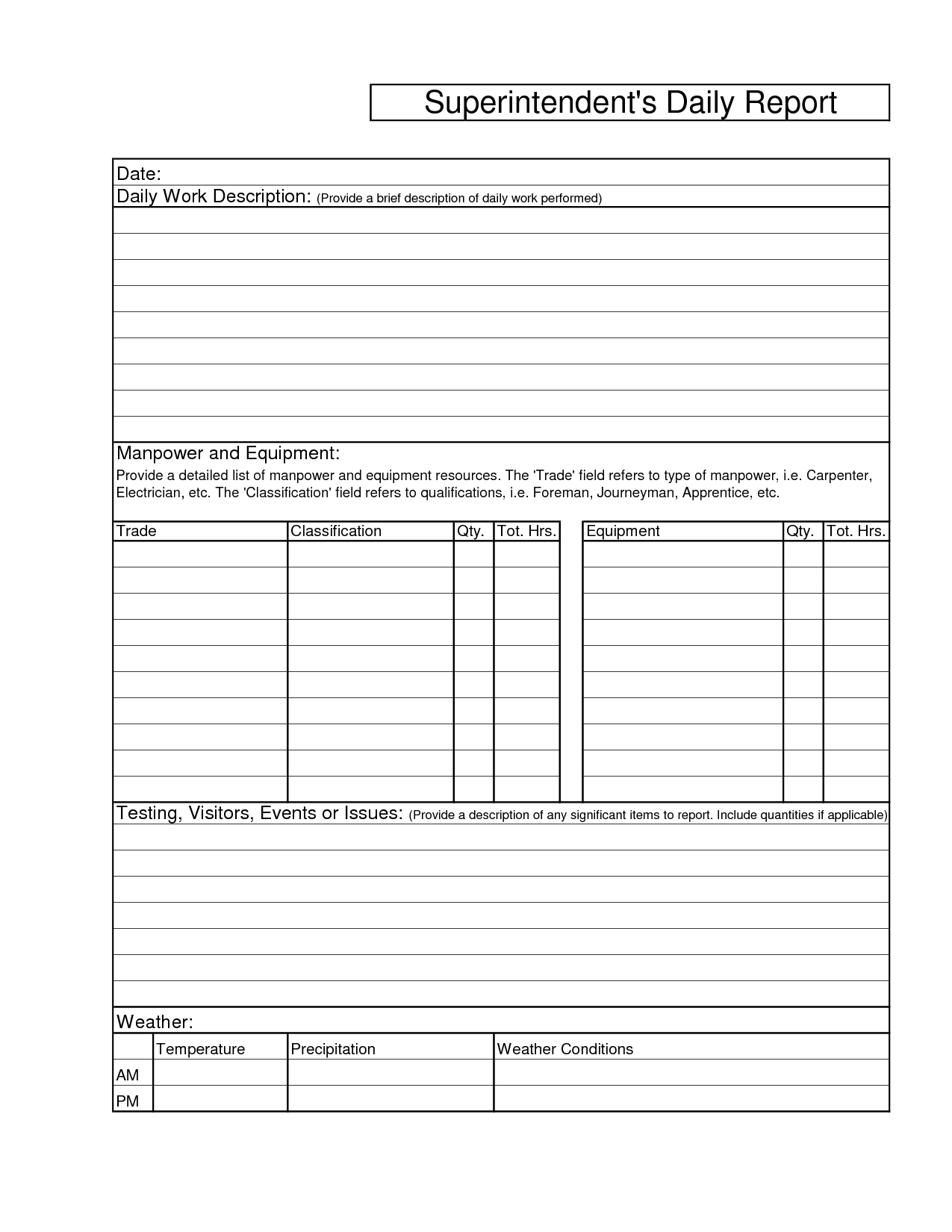 Printable Blank Superintendents Daily Report Sample And For Superintendent Daily Report Template