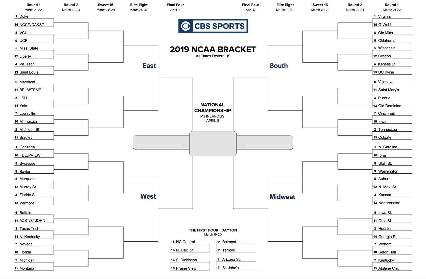 Printable Ncaa Tournament Bracket For March Madness 2019 In Blank March Madness Bracket Template