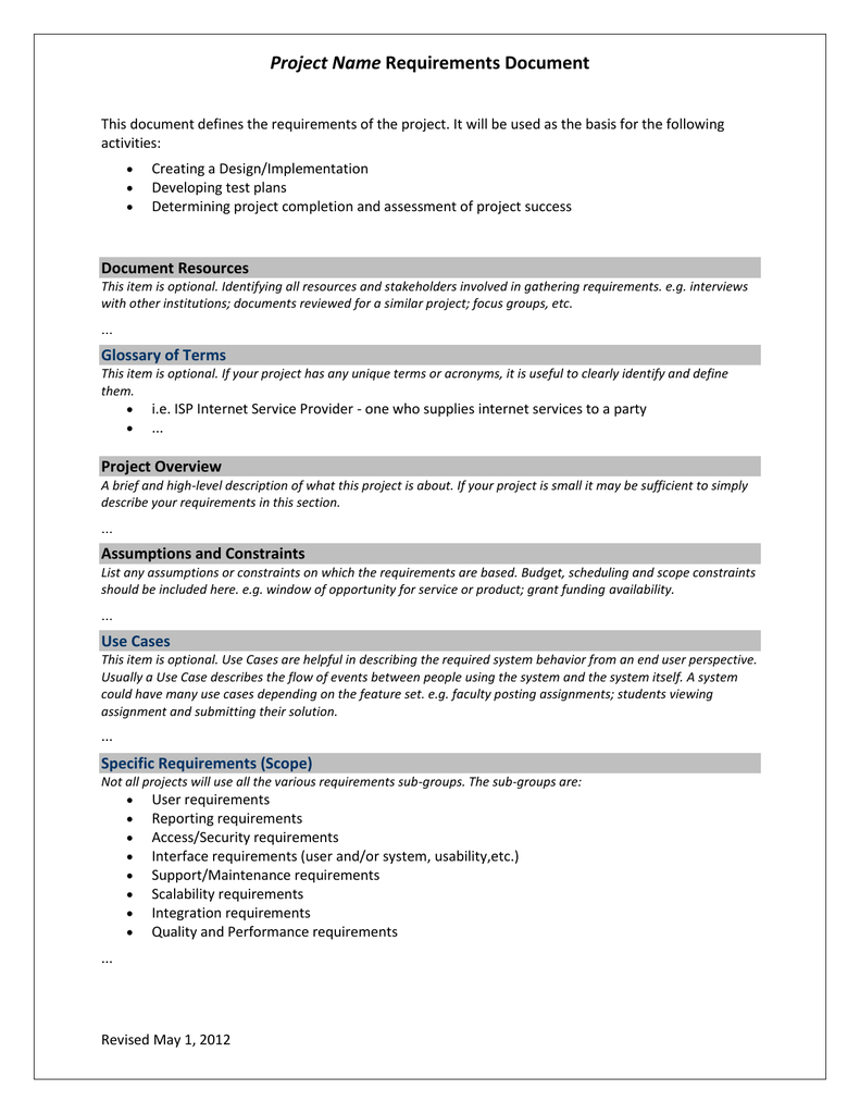 Project Requirements Template With Regard To Reporting Requirements Template
