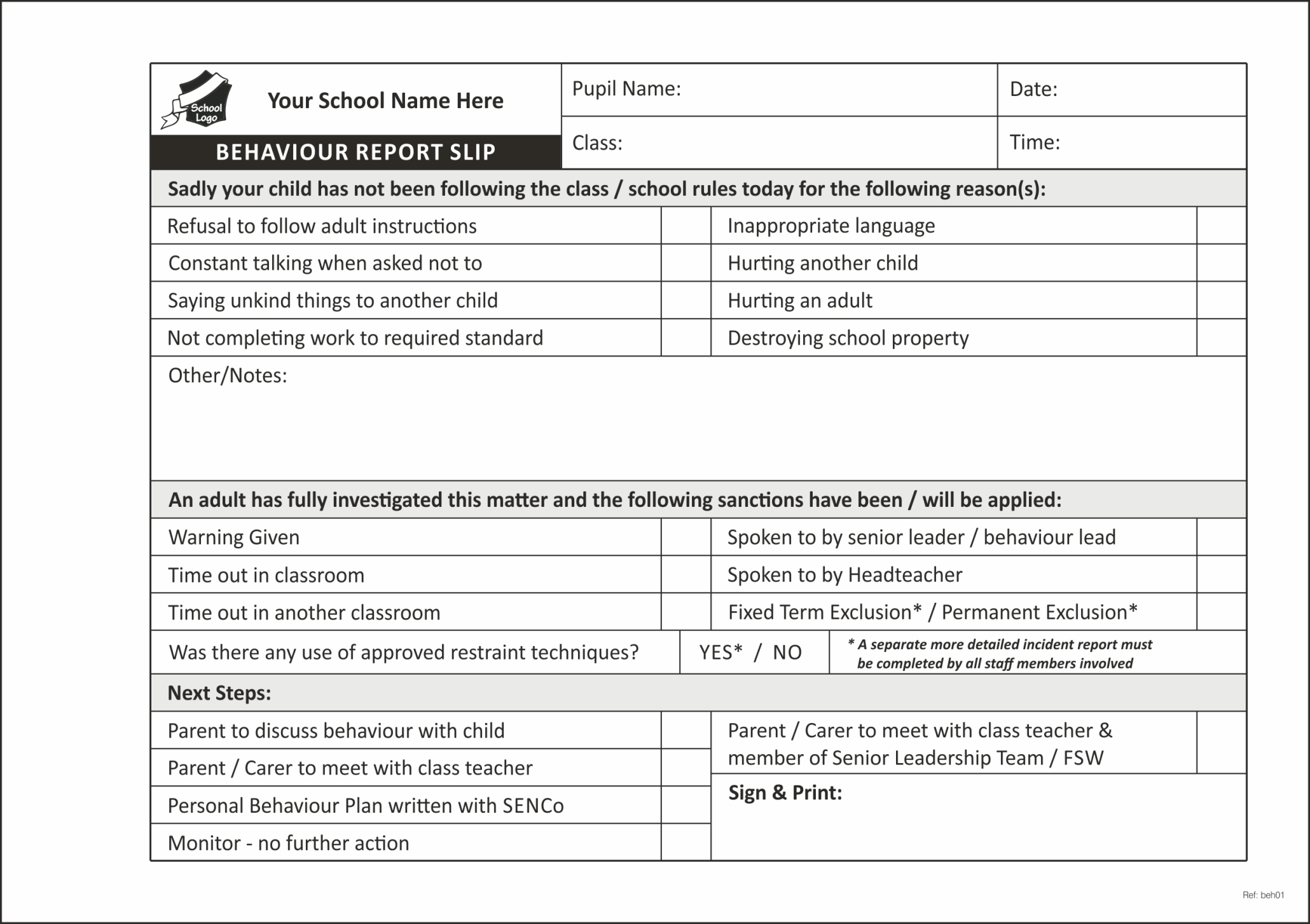 Pupil Behaviour Record Form Books For Schools – Primary Within Behaviour Report Template