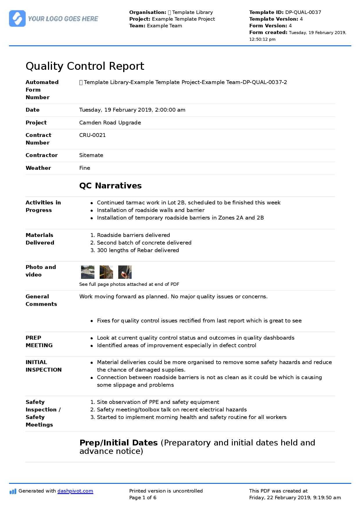 Qa Qc Report Template And Sample With Customisable Format Regarding Report Content Page Template