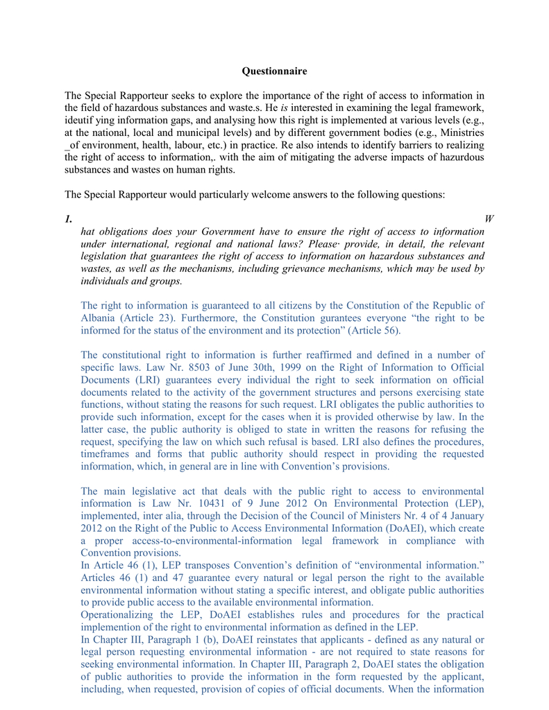 Questionnaire The Special Rapporteur Seeks To Explore The With Rapporteur Report Template