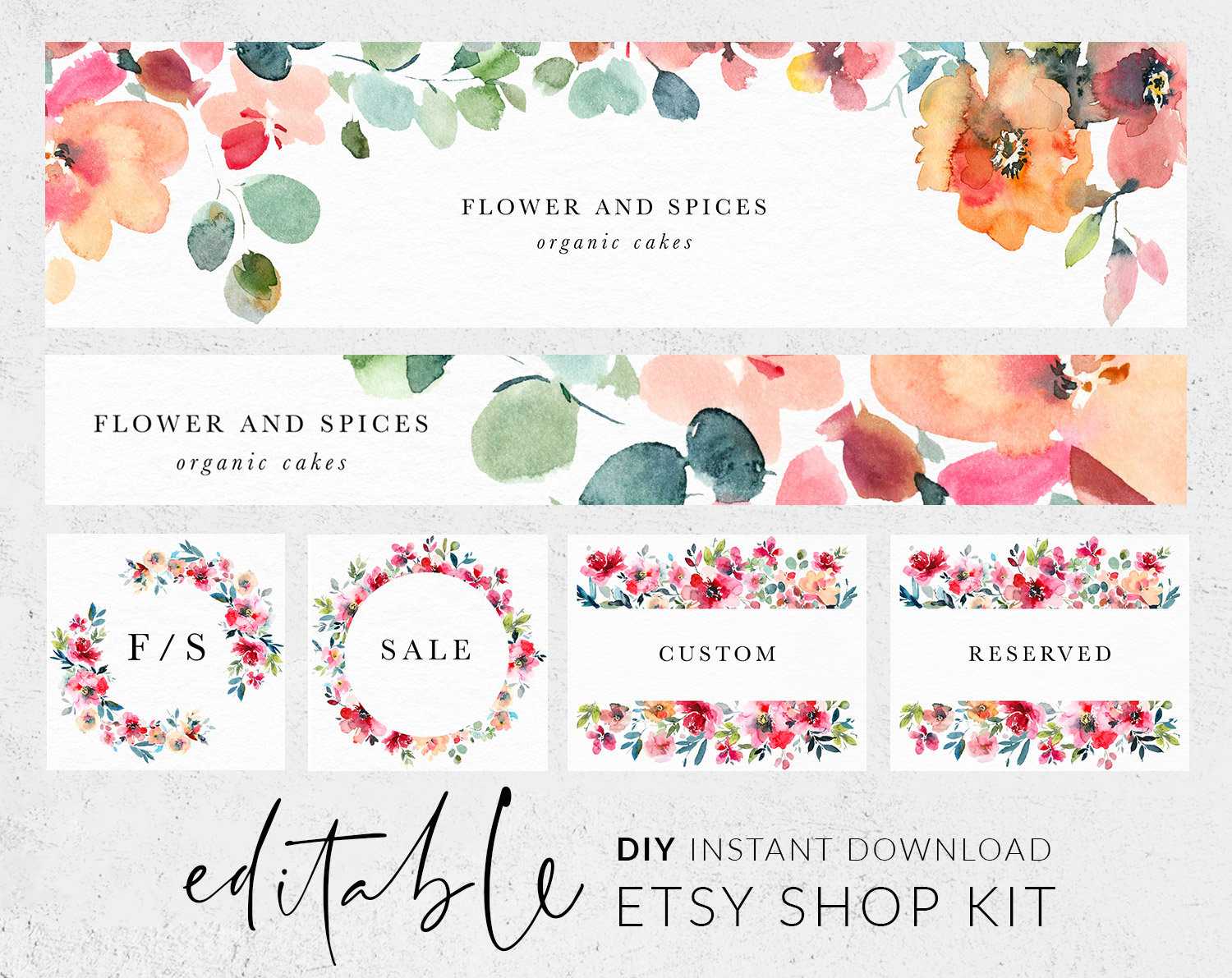 Rainbow Etsy Shop Kit, Etsy Banner, Etsy Shop Banner, Shop Branding Kit,  Watercolor Flowers, Editable Banner, Banner Template, Etsy Branding Within Etsy Banner Template