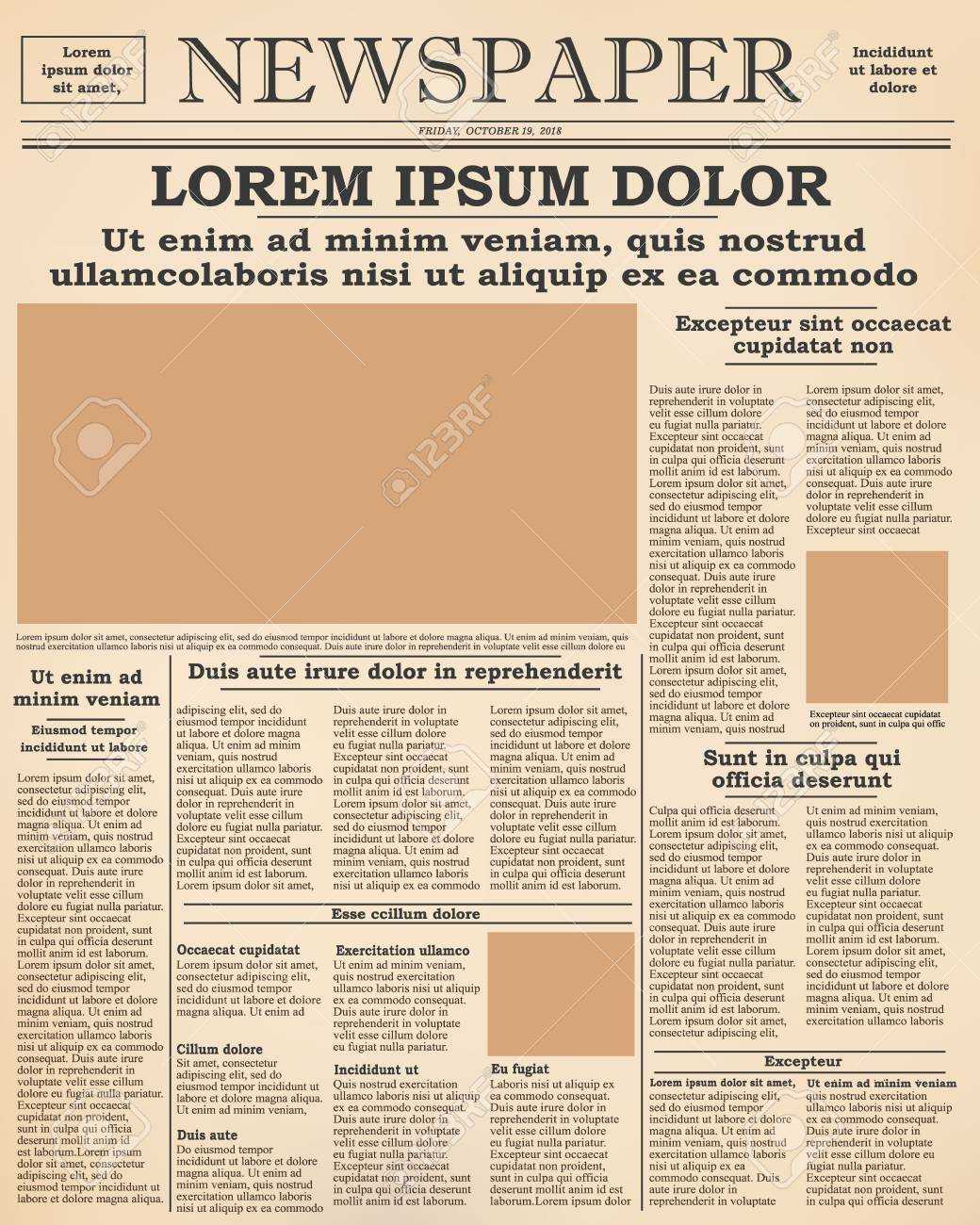 Realistic Old Newspaper Front Page Template. Vector Illustration Within Blank Old Newspaper Template