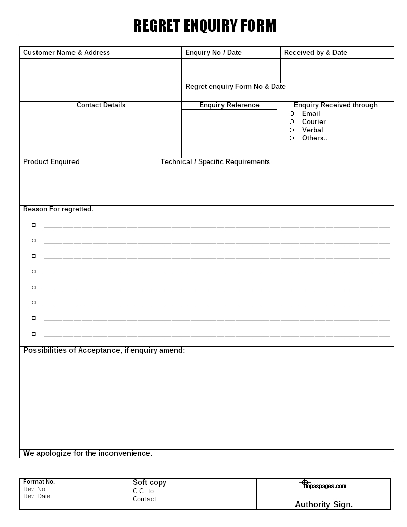 Regret Enquiry Form Format Inside Enquiry Form Template Word