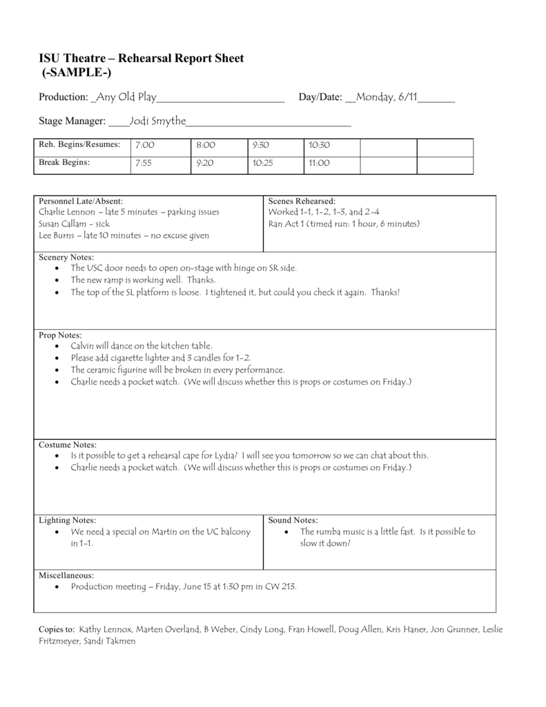 Rehearsal Report Sample With Rehearsal Report Template