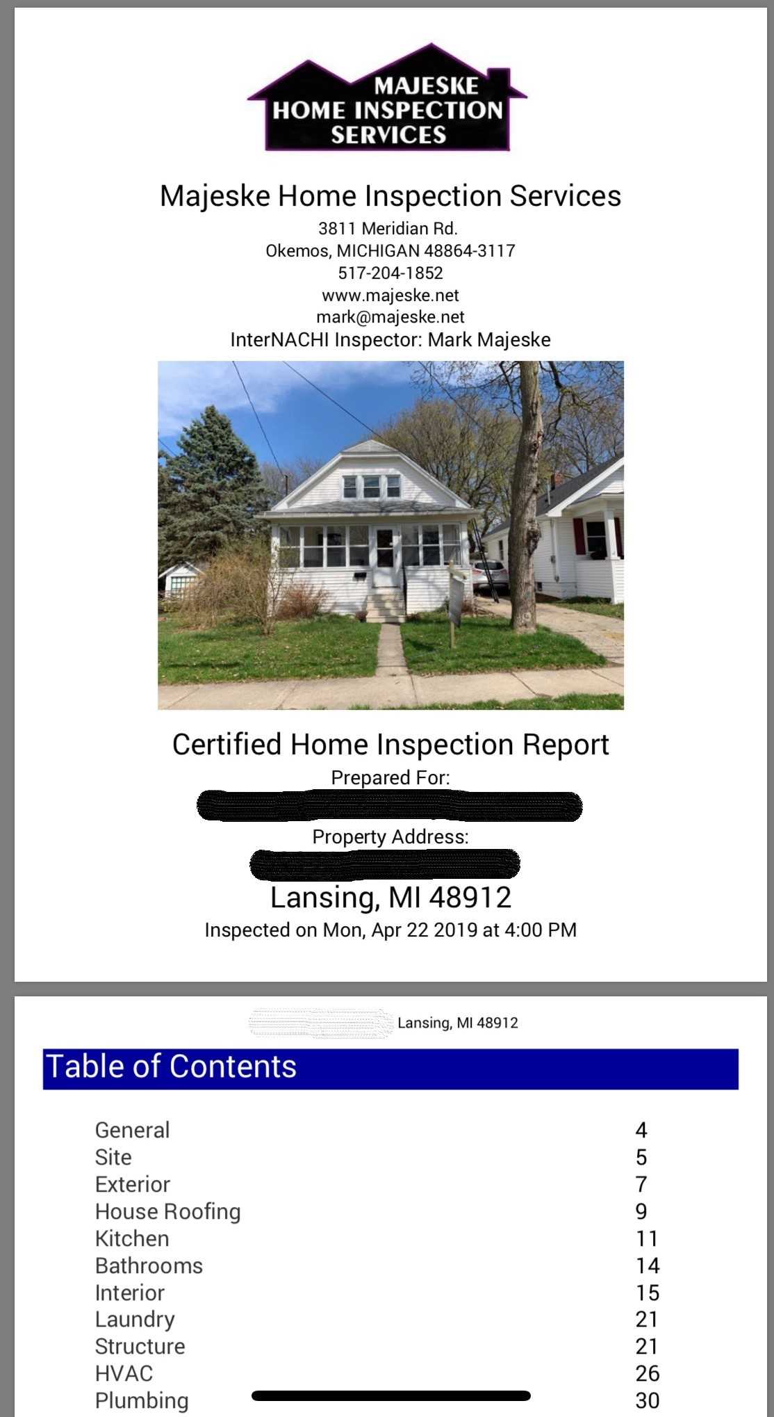 Sample Inspection Report, Lansing, Mi In Home Inspection Report Template Pdf