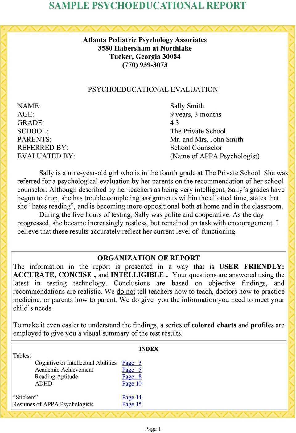 Sample School Psychological Evaluation Report Inside Psychoeducational Report Template