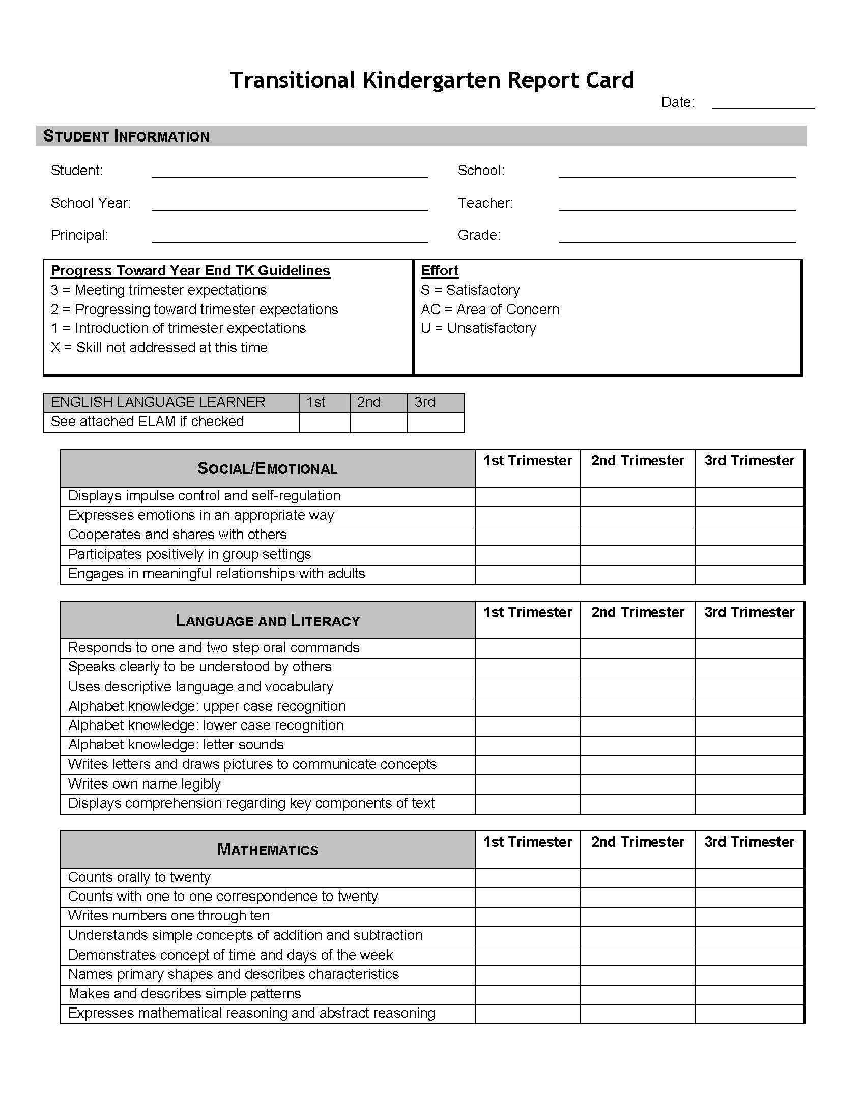 Sample Transitional Kindergarten Report Card | California Inside Kindergarten Report Card Template