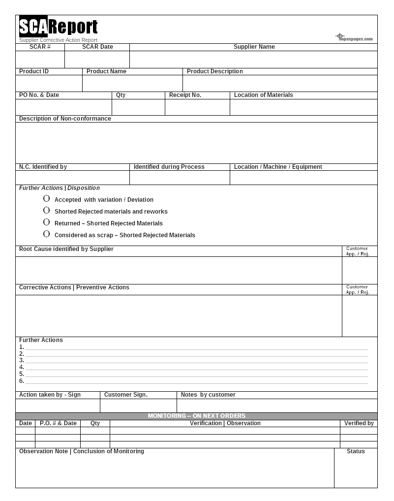 Scar (Supplier Corrective Action Report) – Capa – Within Deviation Report Template