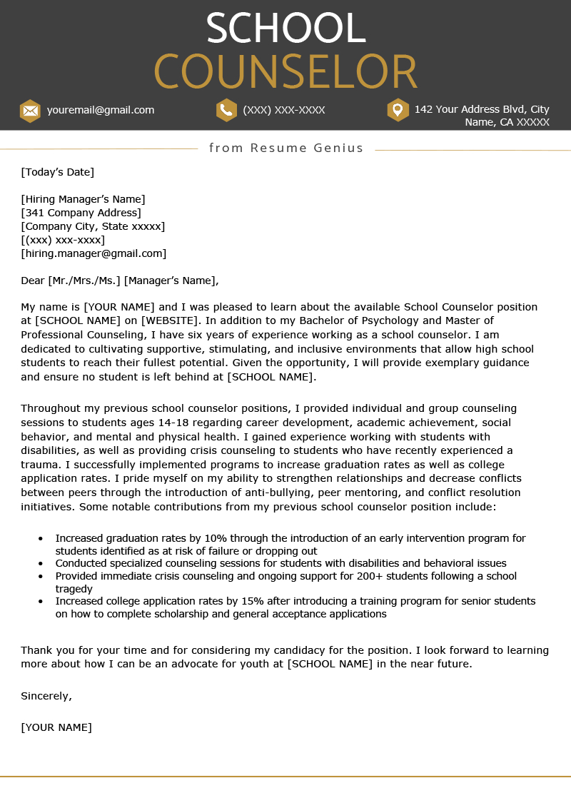 School Counselor Cover Letter Sample & Tips | Resume Genius Throughout School Psychologist Report Template
