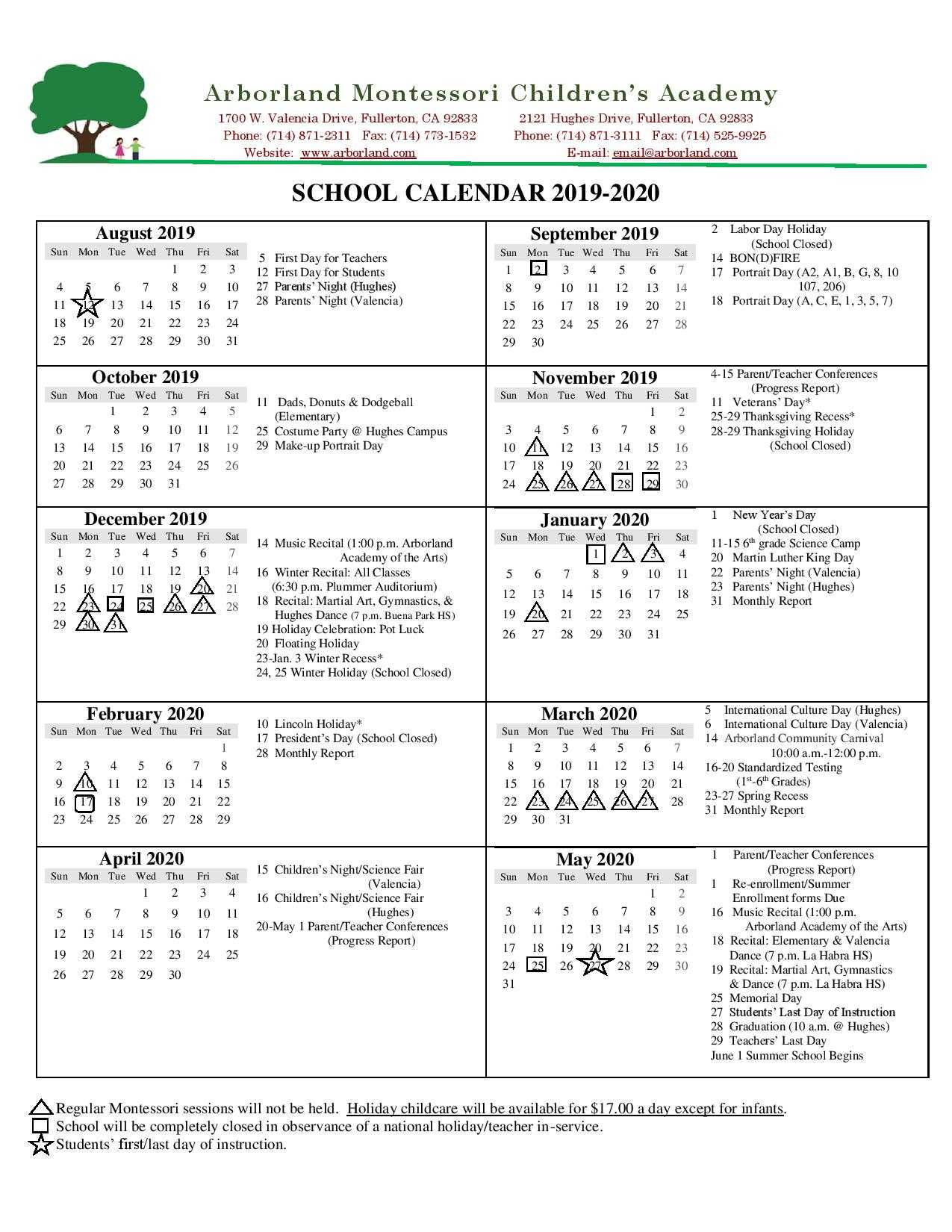 School Year Calendar – Montessori School, Kindergarten Intended For Summer School Progress Report Template