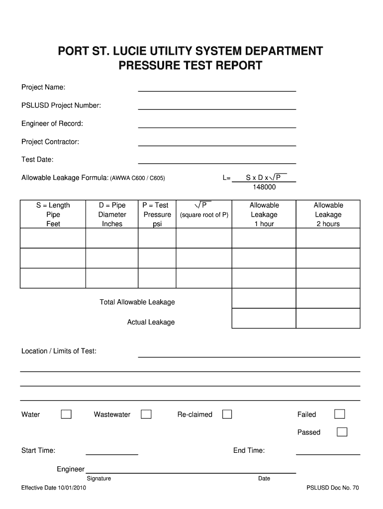 Sewe Line Pressure Test Form – Fill Online, Printable Intended For Hydrostatic Pressure Test Report Template