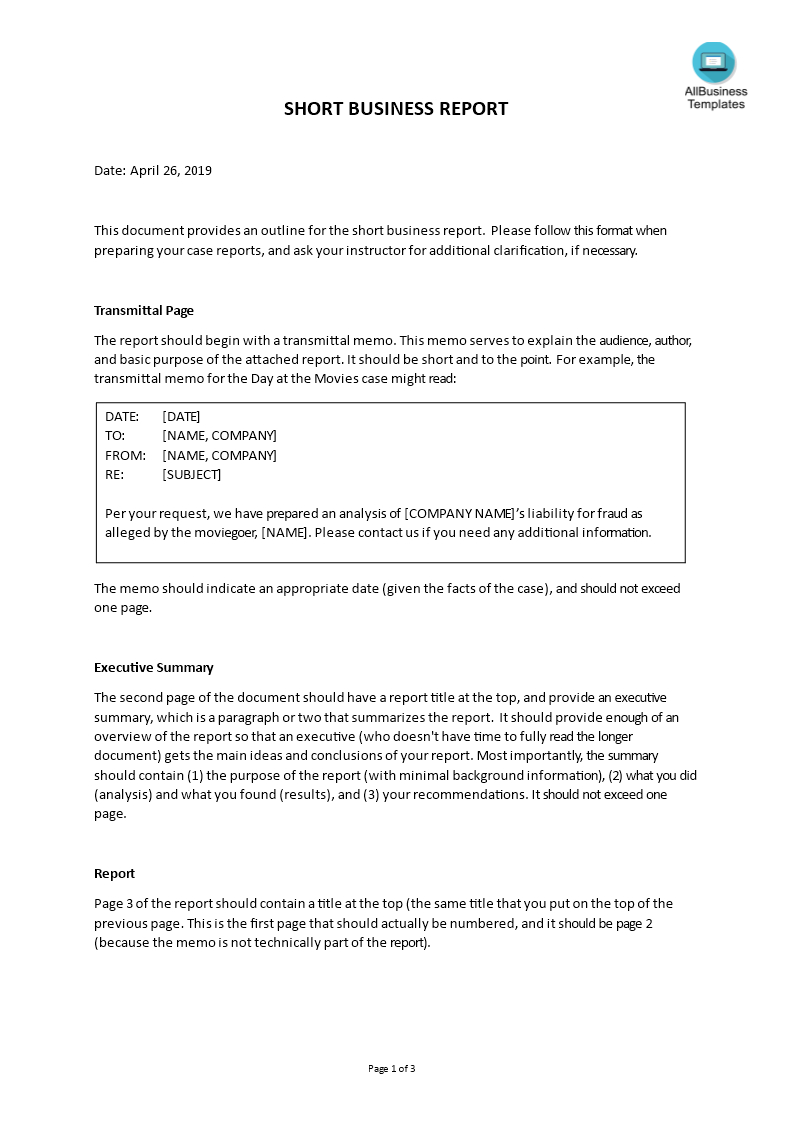Short Business Report Example | Templates At With Template On How To Write A Report