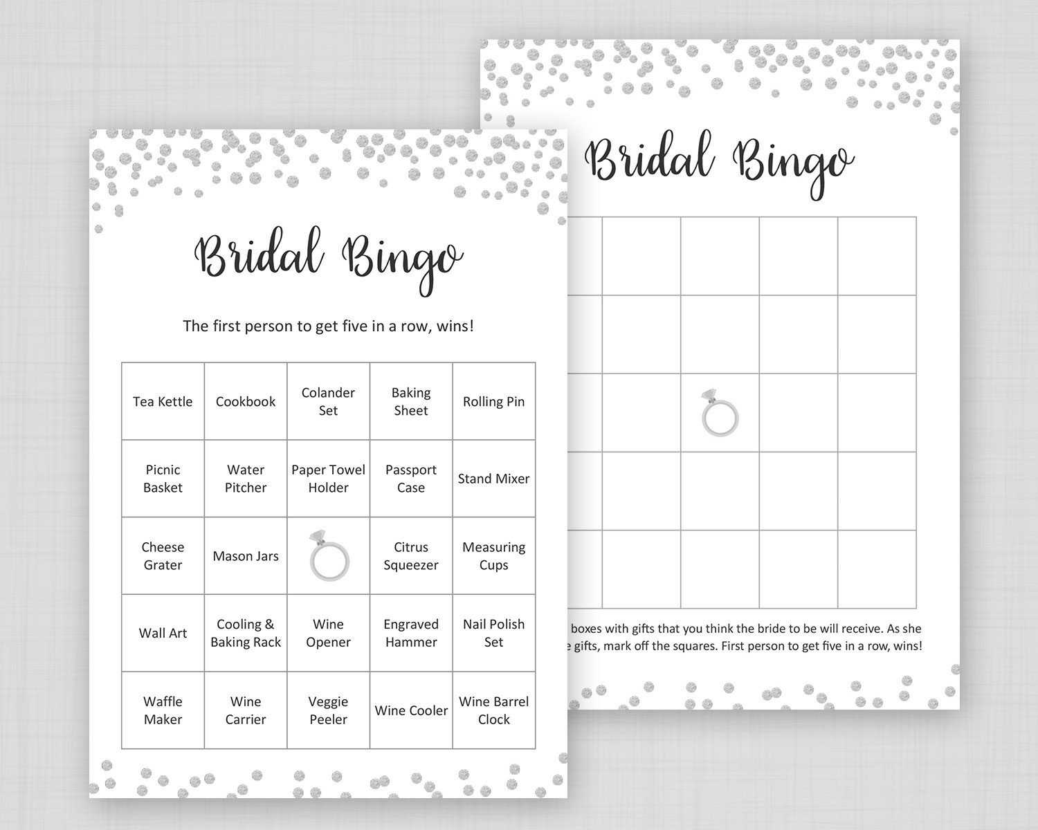 Silver Bridal Shower Bingo Printable, 60 Unique Prefilled Bingo Cards,  Blank Bingo Cards, Grey Bridal Shower, Silver Dots Confetti, J014 Pertaining To Blank Bingo Template Pdf