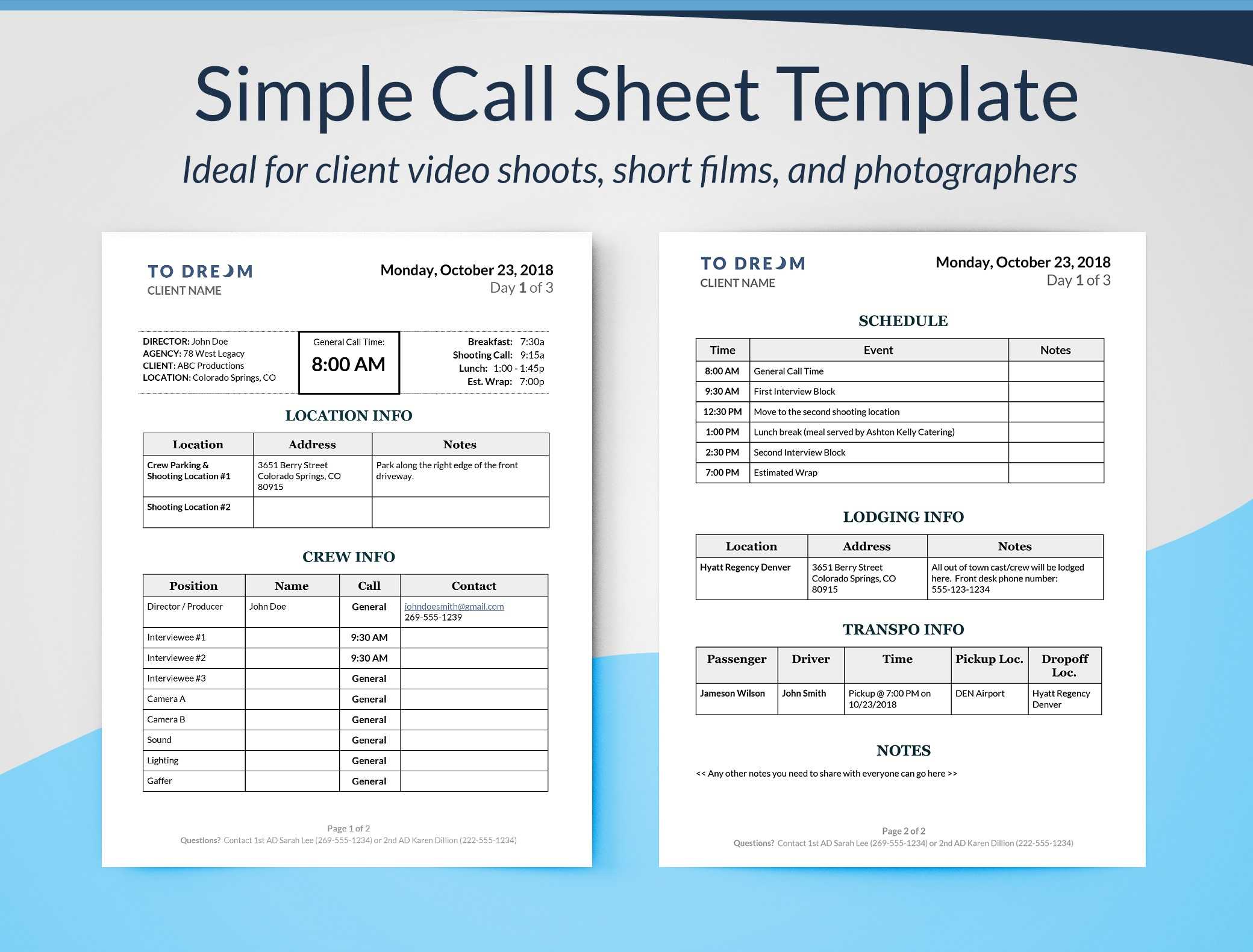 Call Sheet Template Google Docs