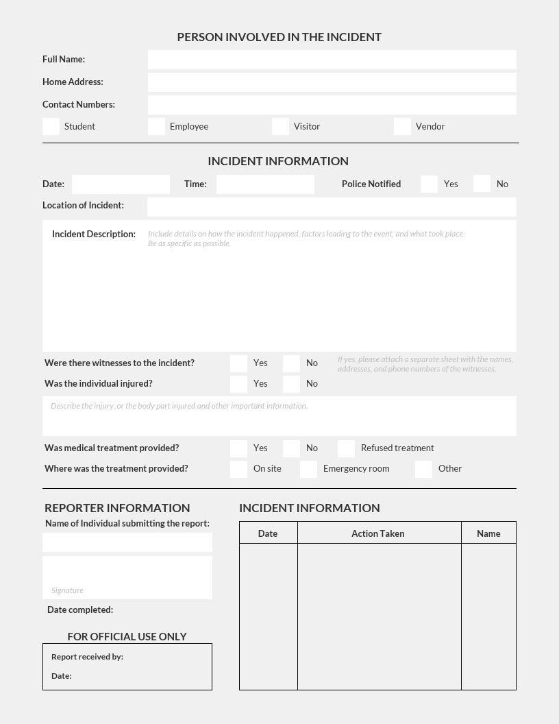 Simple Light Incident Report Template With Template For Information Report