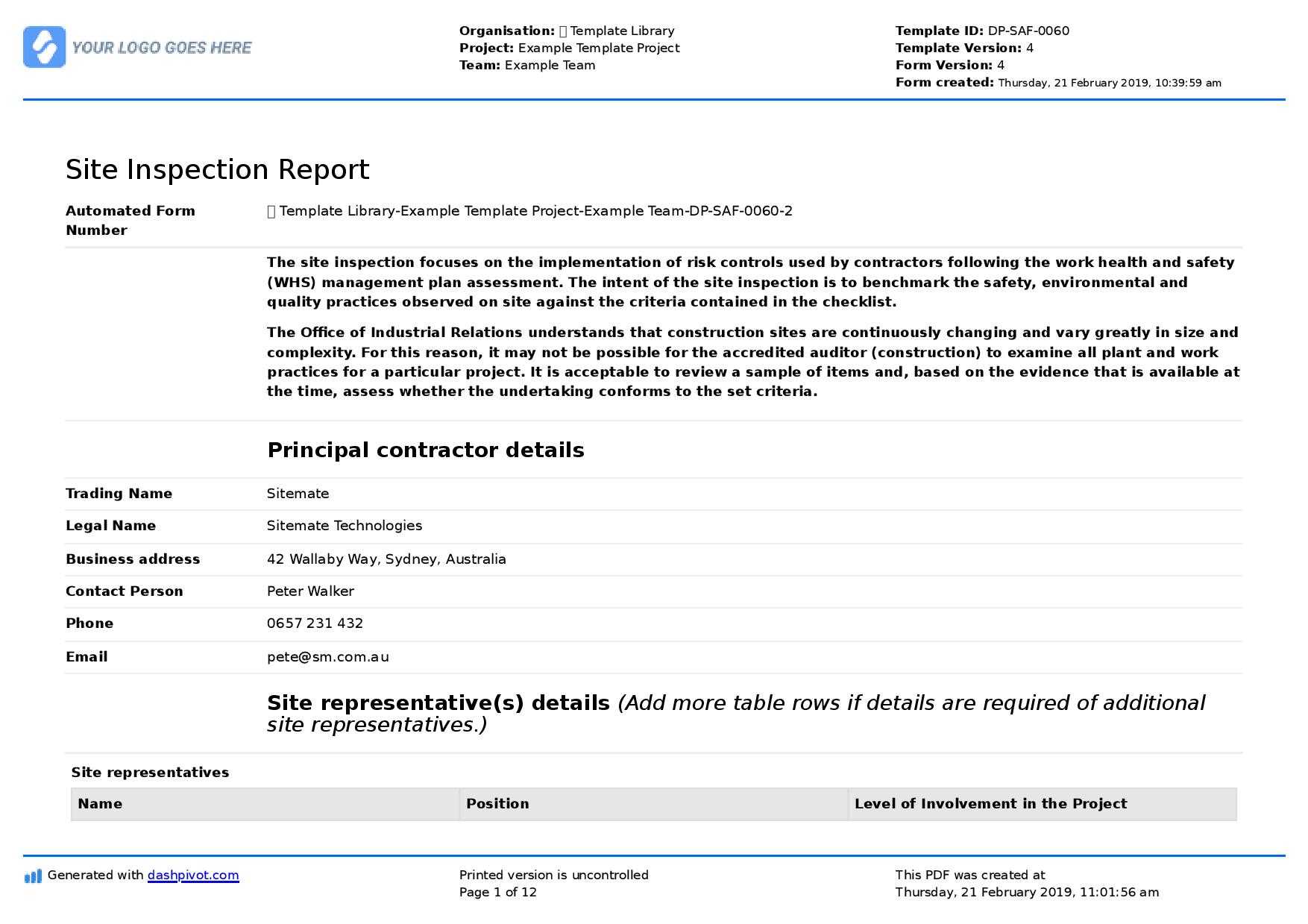 Site Inspection Report: Free Template, Sample And A Proven With Part Inspection Report Template