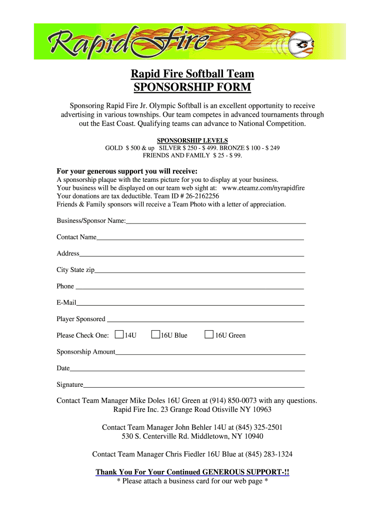 Softball Sponsorship Form – Fill Online, Printable, Fillable Inside Blank Sponsor Form Template Free