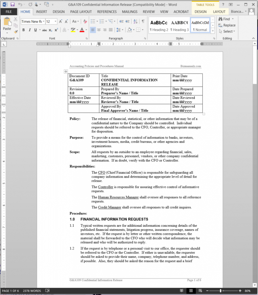 Sop Policies And Procedures Manual Templates | Bizmanualz Regarding Hours Of Operation Template Microsoft Word